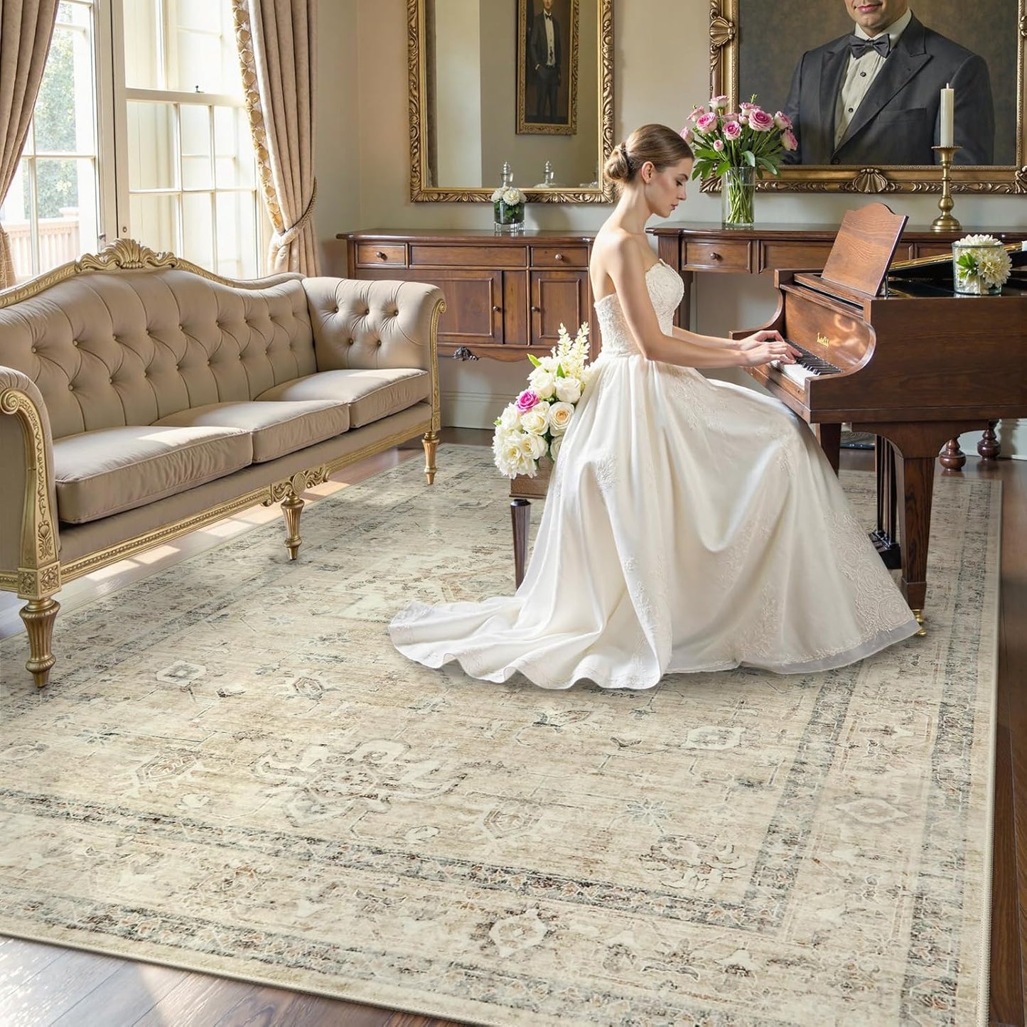 LIVEBOX Washable Area Rug 8x10 Rugs for Living Room Bedroom, Non-Slip Boho Neutral Carpet for Dining Room Office, Low-Pile Farmhouse Soft Carpets for Kids Nursery Room Playroom, Tan