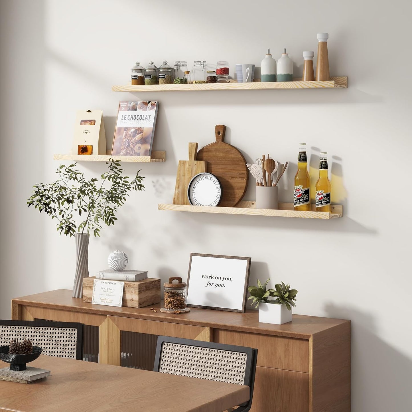 Picture Ledge Shelf for Wall, 48 inches Solid Pine Wood Nursery Book Shelves 3 Packs, Floating Ledge Shelves for Kids' Room Bedroom Bathroom Long Floating Shelves for Wall Nursey Wall Decor, Natural