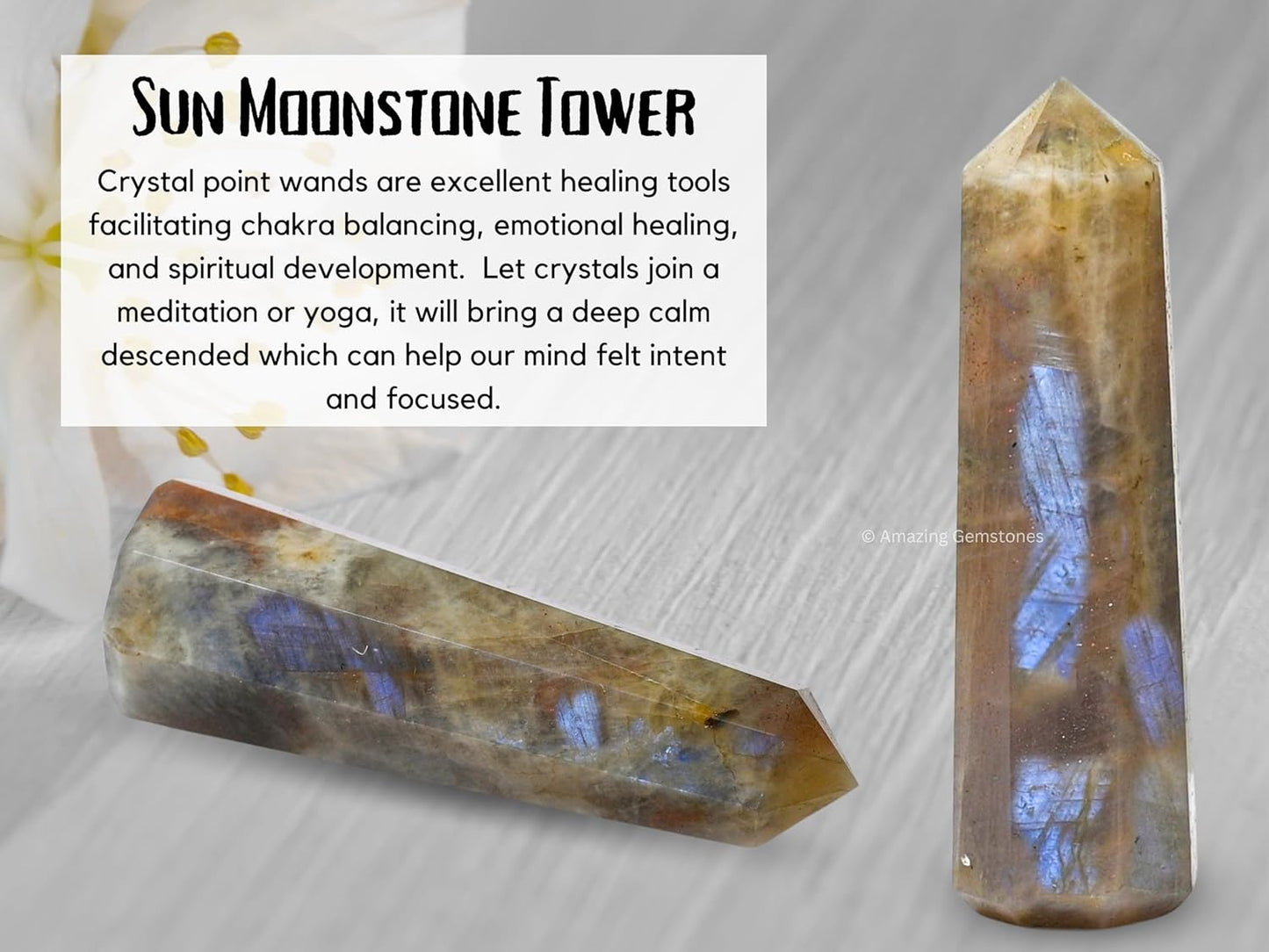 Amazing Gemstone Sun Moonstone Crystal Towers - Natural Healing Crystal Point Obelisk for Reiki Healing and Crystal Grid (2" to 3" Inch)
