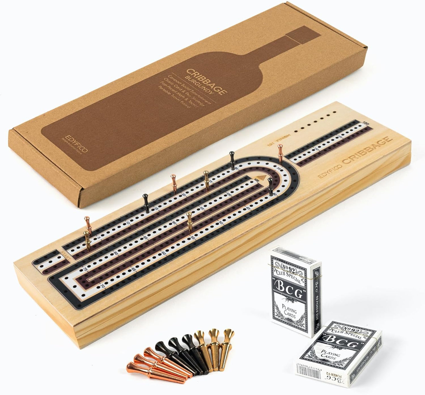 Cribbage Board Game Set, Premium Wooden Board with Magnetic Lock and 9 Metal Pegs, 2 Decks of Playing Cards, Large Storage - Travel Portable 3-Track Cribbage Game Sets for Family (Instruction Include