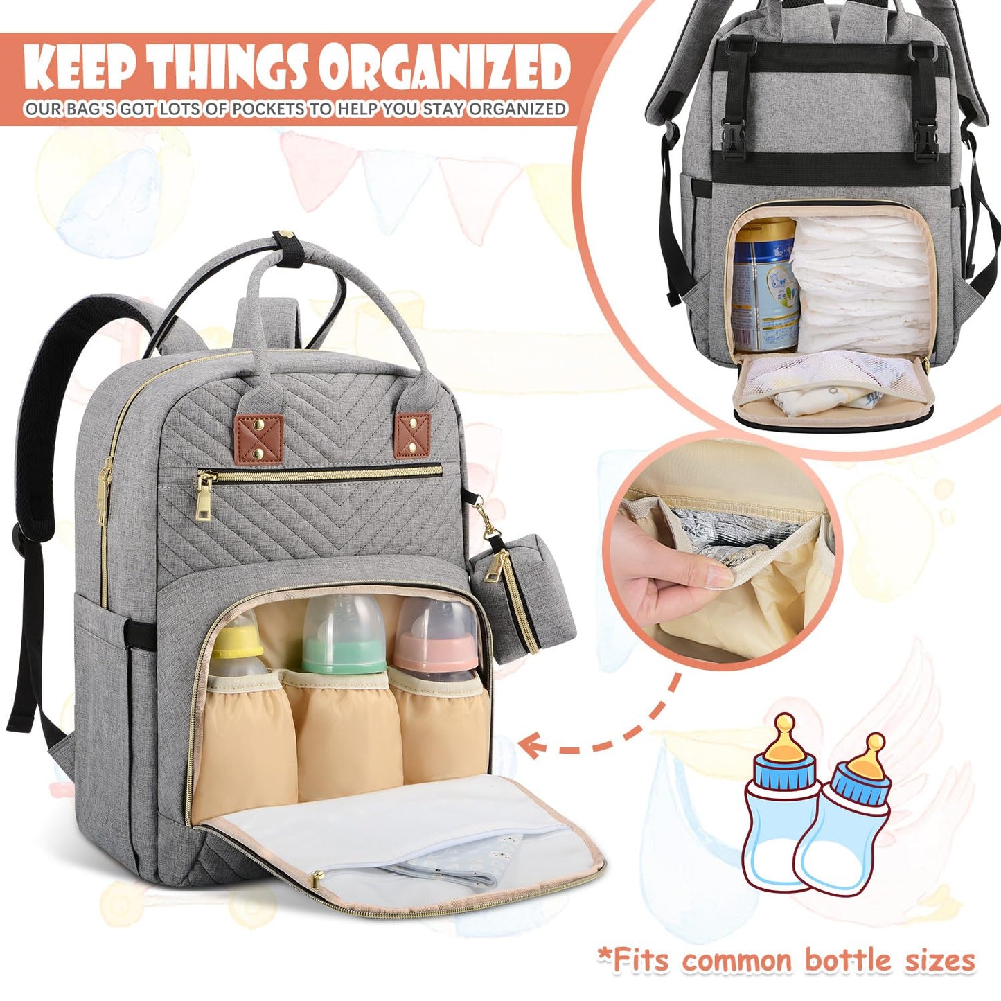 Baby Diaper Bag Backpack, Travel Diaper Bags for Baby Girl Boy Large Capacity Baby Bag Backpack for Women Grey