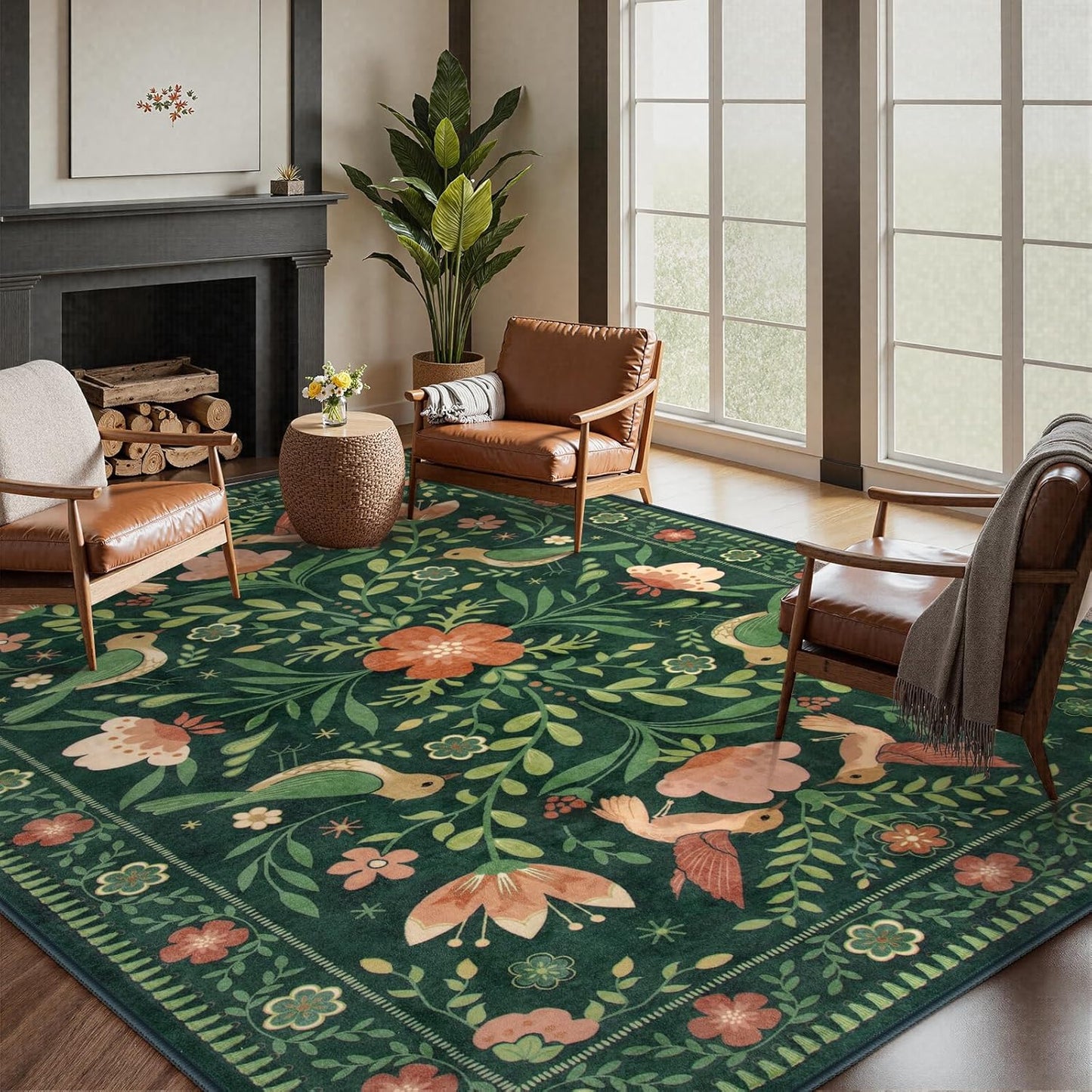 Moynesa Boho Bird 5x7 Area Rugs for Living Room, Washable Green Rug Jungle Floral Bedroom Rug, Low-Pile Soft Vintage Floor Carpet Non-Slip for Dining Room Playrom Living Room