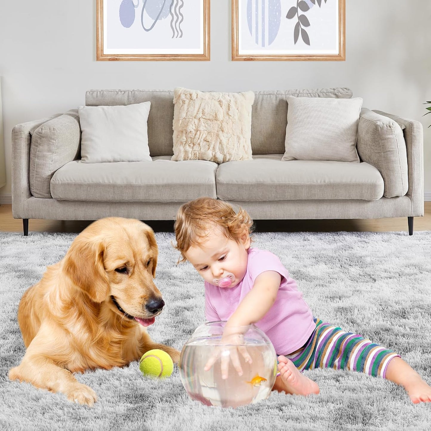 8x10 Area Rugs for Living Room, Ultra Soft Fluffy Rugs for Bedroom, Anti-Skid High Pile Indoor Carpet for Nursery, Study Room, Playroom, Home Decoration, Tie-Dyed Light Grey