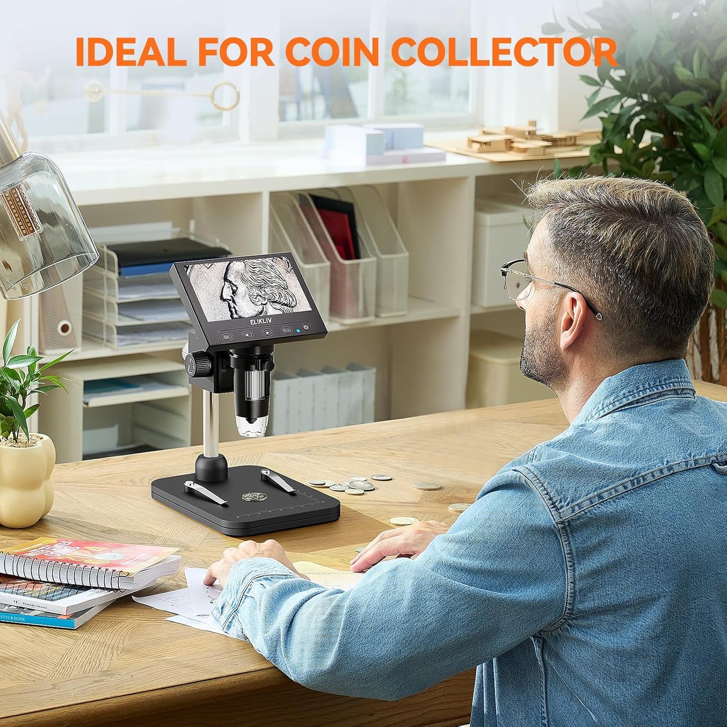 Elikliv Coin Microscope, 4.3'' LCD Digital Microscope 1000x, Coin Magnifier with 8 Adjustable LED Lights, PC View Compatible with Windows/Mac, EDM4B, Black