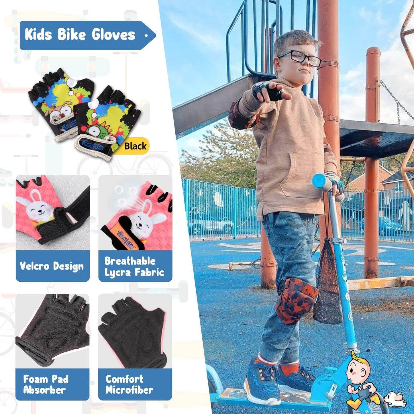 Soft-Style Kids Knee and Elbow Pads with Bike Gloves, Flexible Impact-Resistant Gear for Ages 2-11, Designed for Balance Bikes, Roller-Skating, and Skateboarding