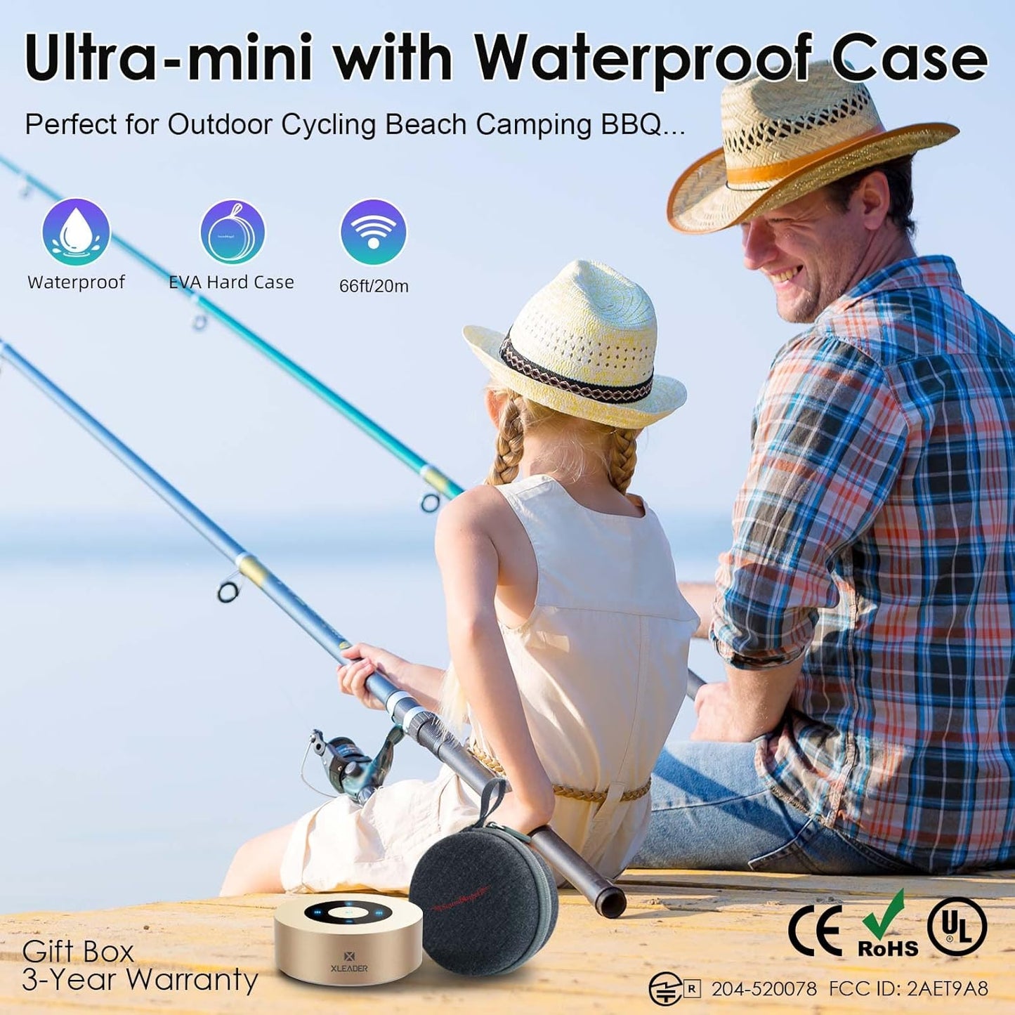 XLEADER Mini Bluetooth Speaker (Travel Case Provided) HD Sound&Rich Bass, Touch Design, 12-15H Playtime, Support Aux Input, Micro SD, Mic, Small, for iPhone Laptop Shower Office, Ideal Gifts, Gold