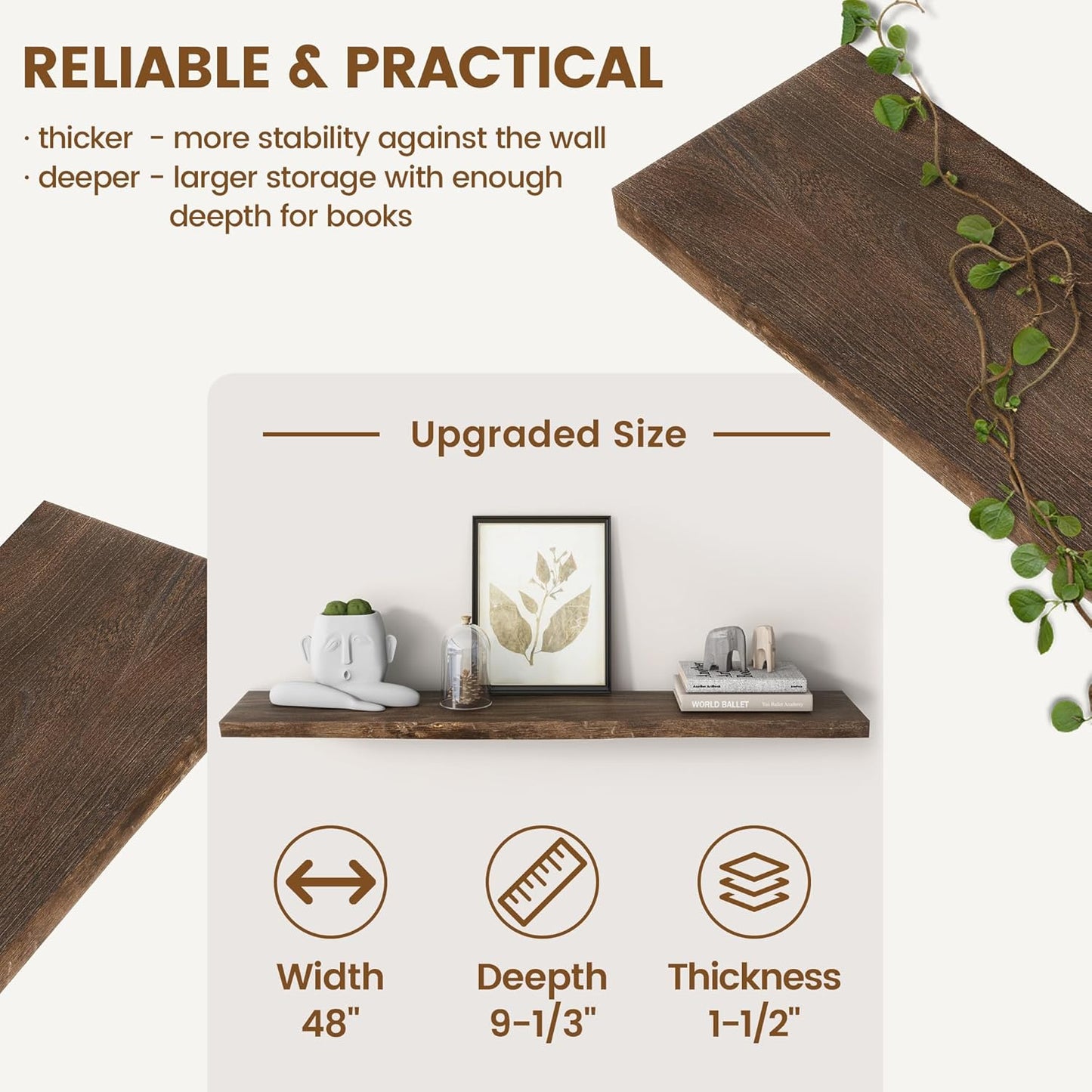 Rustic Elm Wood Floating Shelf for Wall, Live Edge 48"W x 9.2"D x 1.4"H, 1 Pack with Invisible Bracket, Large Wall Mounted Storage Shelf for Living Room Bedroom Kitchen Bathroom Decor, Walnut Finish