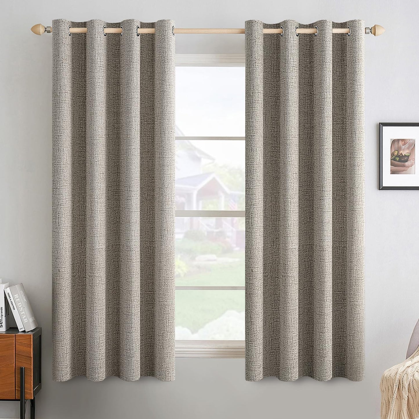 MIULEE Linen Texture Curtains for Bedroom Solid 100% Blackout Thermal Insulated Linen Curtains Grommet Room Darkening Drapes for Living Room Nursery 52x63 Inch (2 Panels)