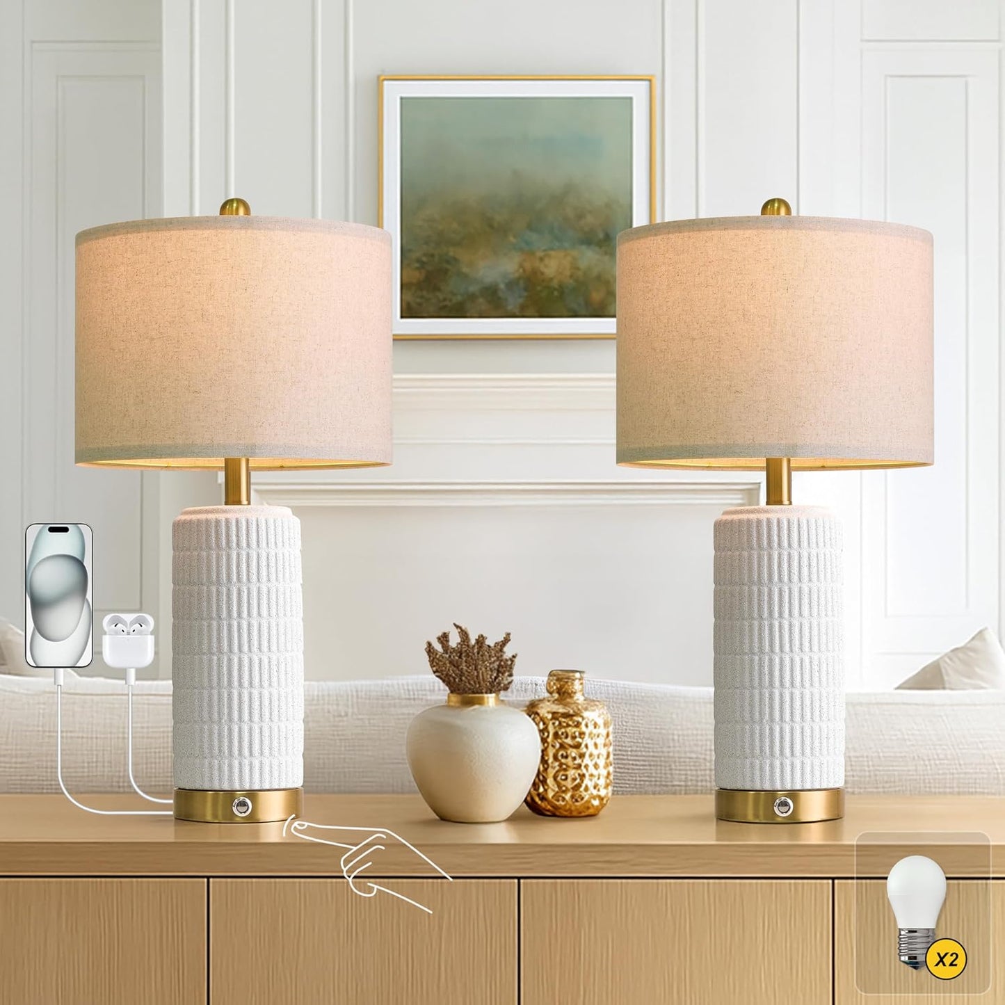 PoKat Touch Bedside Table Lamps with USB Ports for Bedroom, 25'' Dimmable Nightstand Touch Lamps for Night Stands, White Ceramic Lamps with Gold Base for Living Room End Side Table, Frosted White