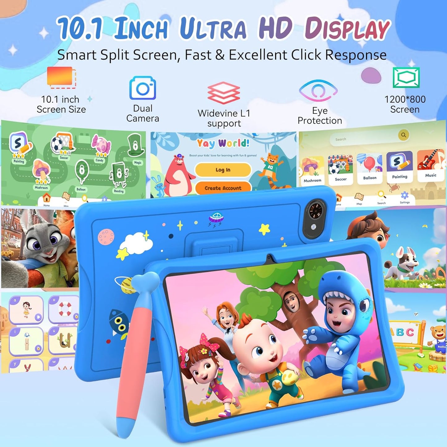 Kids Tablet 10 inch, Android 15 Tablets for Kid, Parental Control, Pre-Installed Kiddos Software & Kids Space, Includes Case & Stylus Pen, 12GB RAM 64GB ROM, 2TB Expand, HD IPS Screen(Blue)