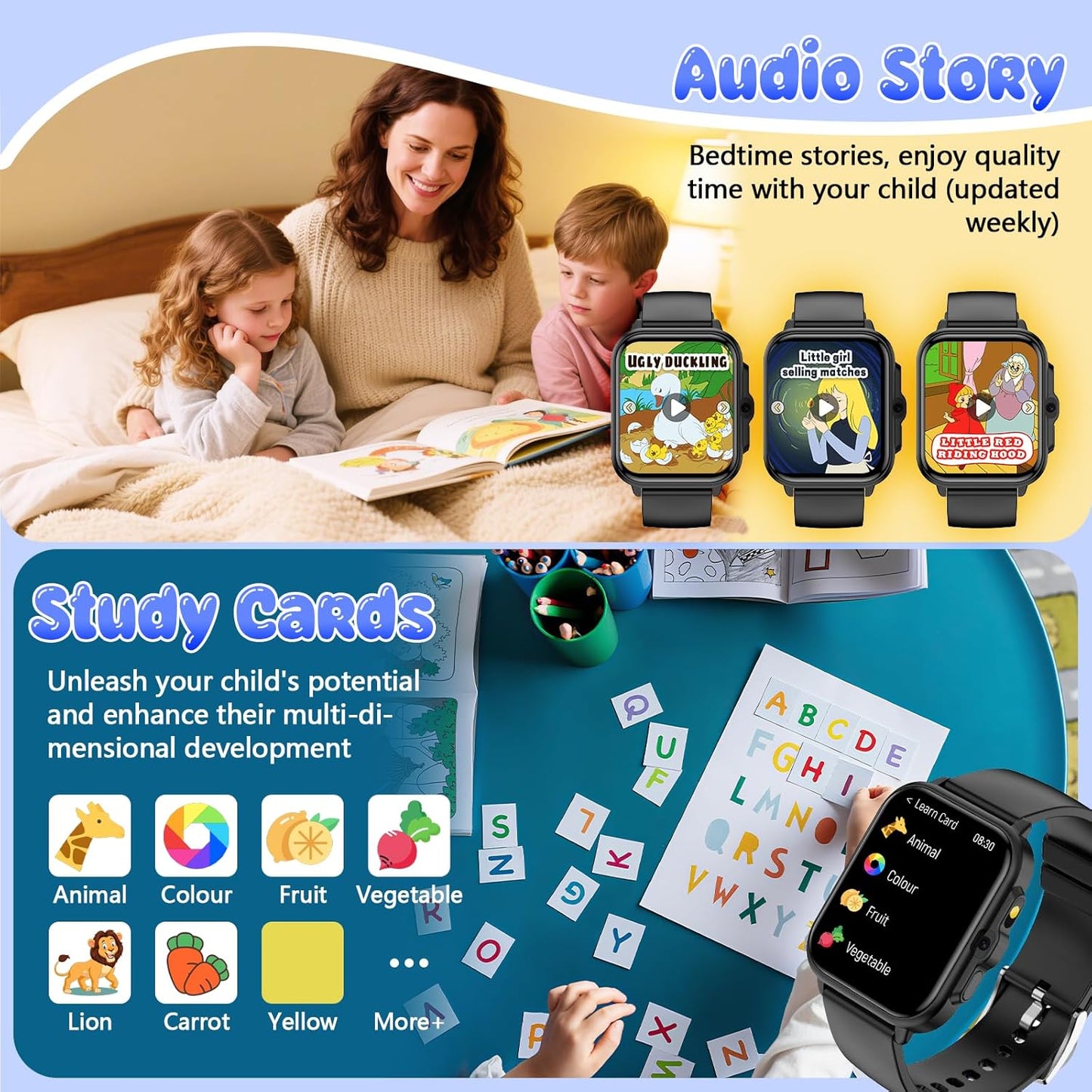 Smart Watch for Kids, 1.85" Fitness Tracker Pedometer Watch, Health, Sleep Monitor, Puzzle Games, Alarm Clock, Camera, Music Player, Torchlight, Activity, Gift Toys for 4 - 13 Years Old Boys and Girls