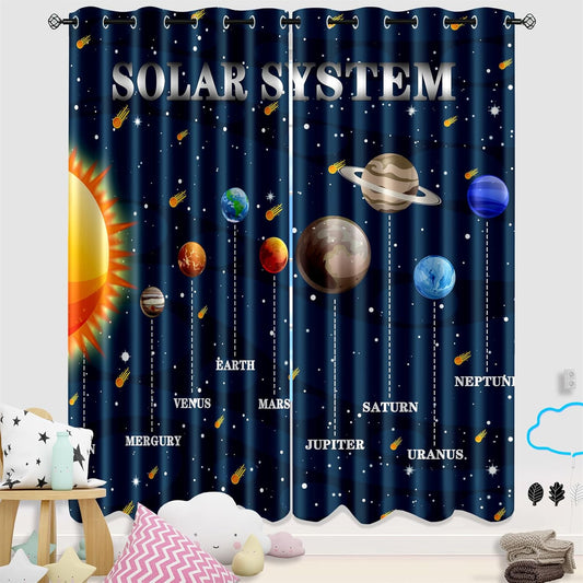 Solar System Curtain Panels - 2Pcs 95% Blackout Outer Space Curtains for Boys Bedroom Grommet Room Darkening Galaxy Planets Themed Curtains for Living Room, 82" x 84"