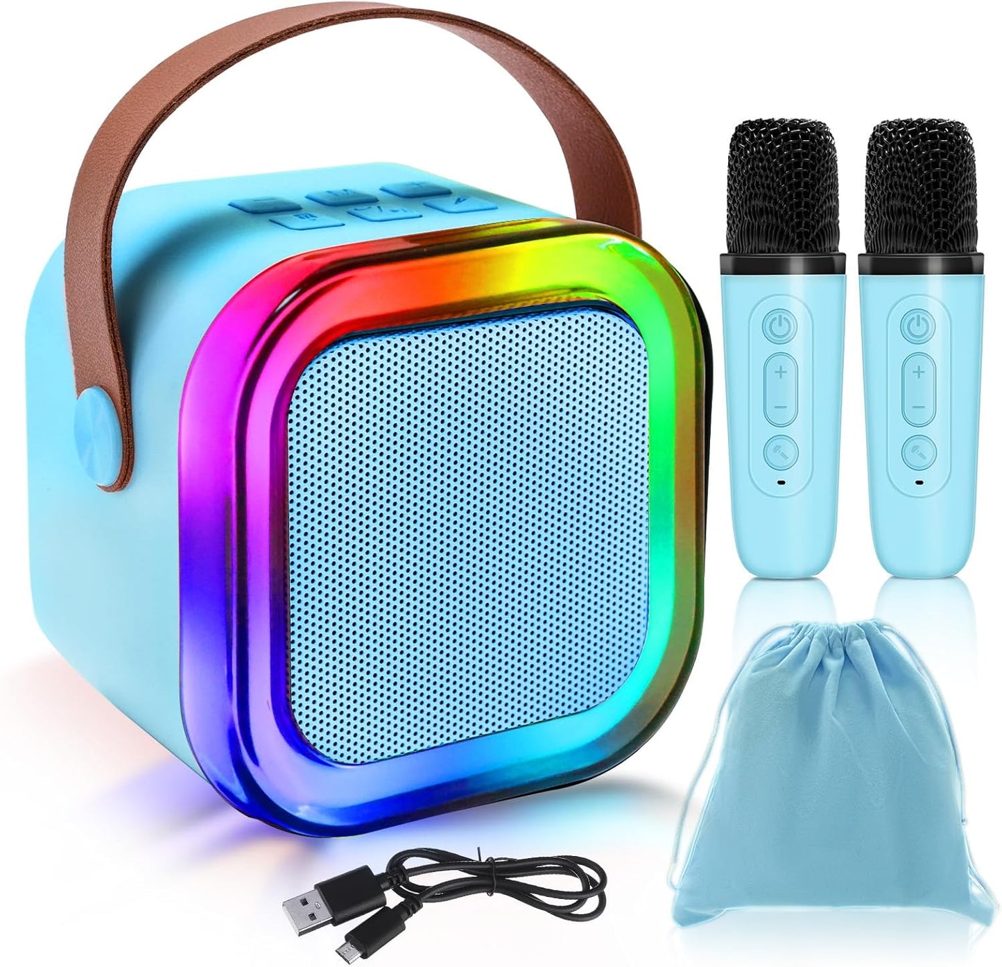 Mini Speaker with 2 Microphones,Kids Mini Karaoke Machine with Portable Speaker,3 LED Disco Lights,5 Funny Sound, Gift for Girl Boy Toddler Teen Adult Birthday Holiday Home Party-Blue