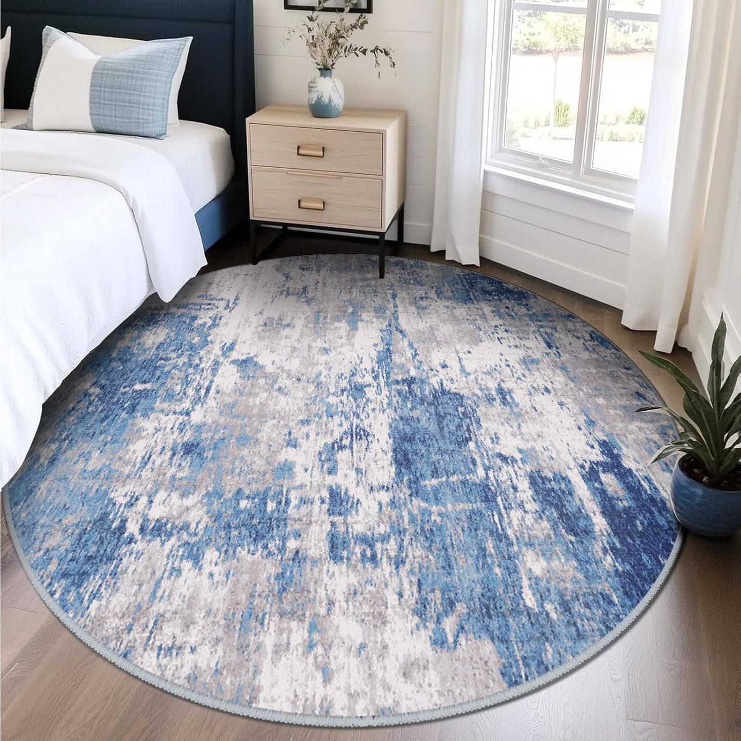 Washable Area Rugs 4ft Non-Slip Modern Abstract Soft for Living Room Entryway Bedroom Nursery, Print Pattern, Blue Grey Navy Gray