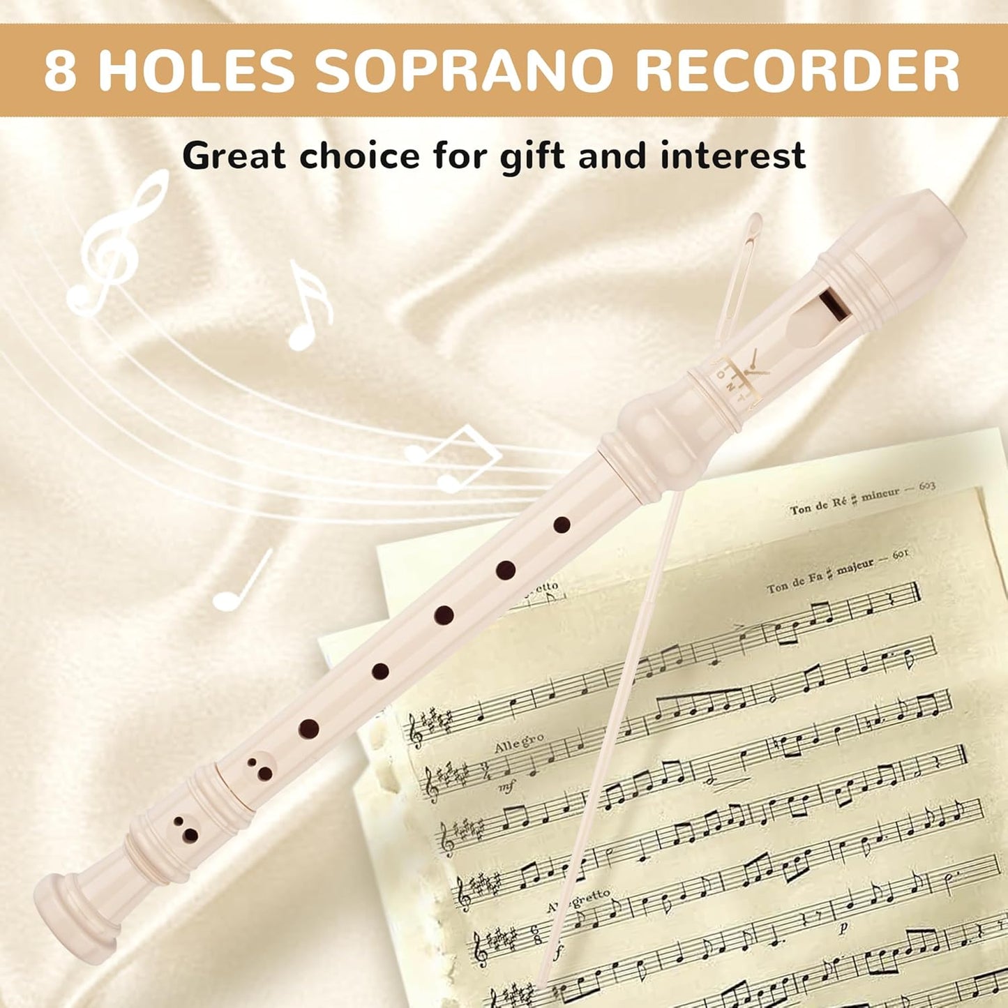 Soprano Recorder 8-Hole Instrument for Kids Beginners, Baroque Style C Key Kids Flute with Cleaning Rod & Case Bag for School Education Home Entertainment - Beige
