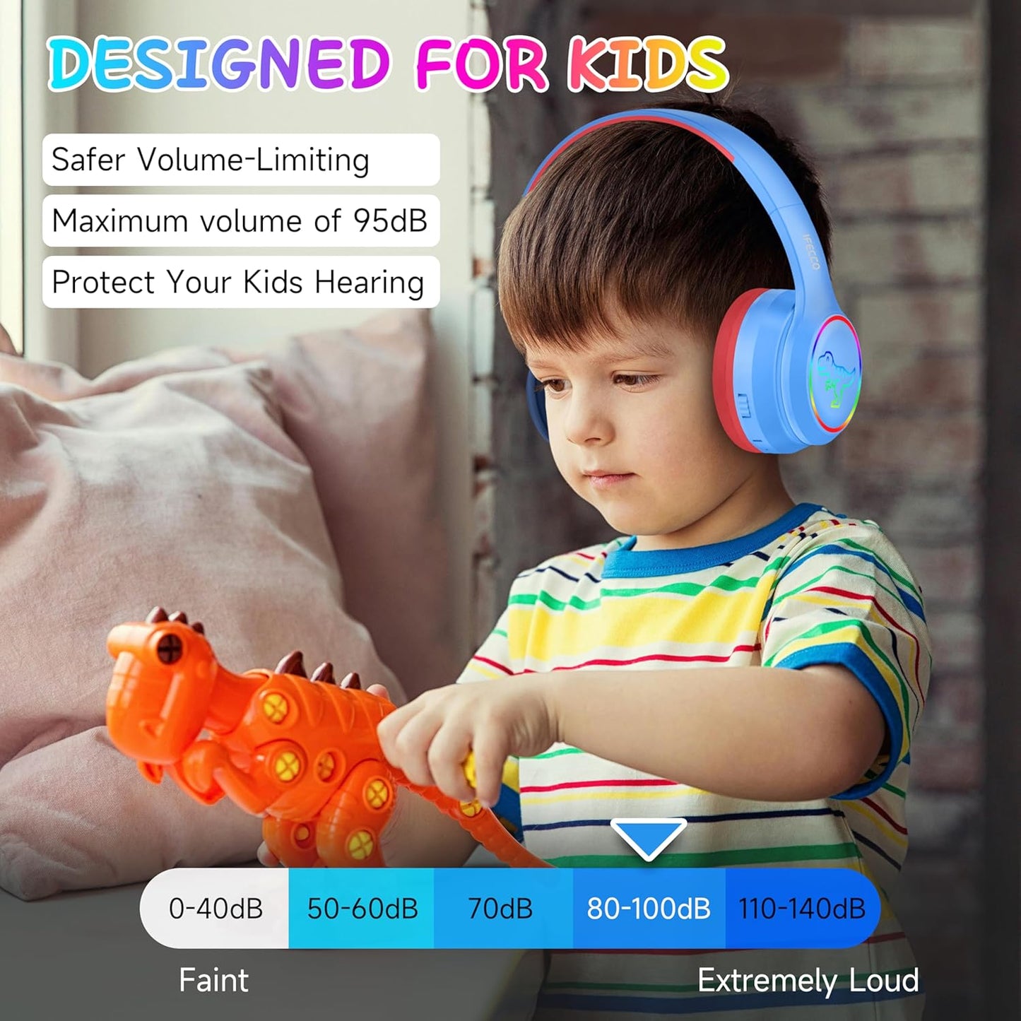 IFECCO Bluetooth Kids Boys Headphones with Microphone,Cute Light Up Dinosaur Children Wireless Headphones Volume-limiting for School Travel,Boys Gifts for 3-12years