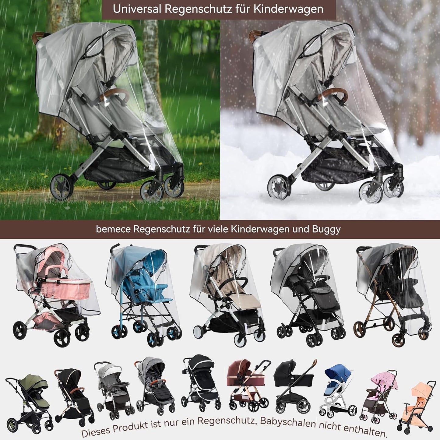 Bemece Stroller Rain Cover, Universal Stroller - Waterproof Windproof Travel Weather Shield Thick & Durable Protect from Dust and Snow with Breathable Ventilation Mesh Clear Visibility