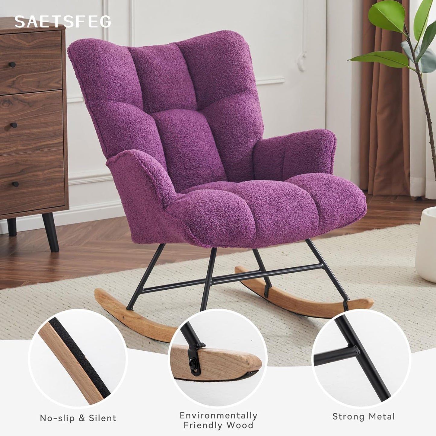 Rocking Chair Nursery Teddy Upholstered Glider Rocker Rocking Accent Chair Padded Seat with High Backrest Armchair Comfy Side Chair for Living Room Bedroom Offices (Purple Teddy)