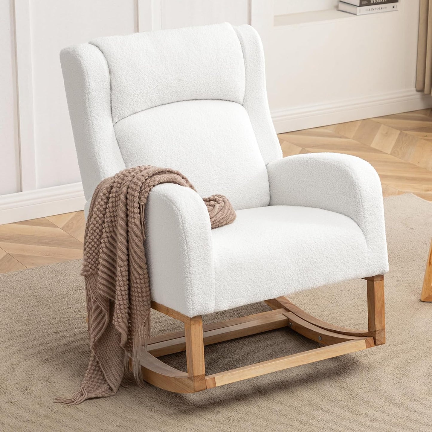 Rocking Chair Nursery, Nursing Rocking Chairs for Mom Nursery, Comfy Wingback Glider Rocking Armchair with Foot Rest and Side Pocket for Nursery Living Room Bedroom, Teddy White