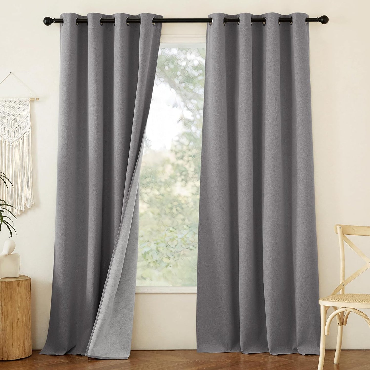 NICETOWN Grey Long Faux Linen Full Shade Panels, 52" Wide x 90" Long, Pair of Thermal Insulated & Energy Efficiency Blackout Curtains for Bedroom Windows, Lined Silky Performance Window Dressing