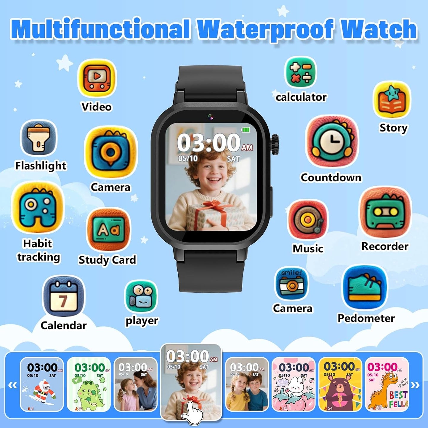 Kids Waterproof Smart Watch Boys Gift Age 3-12 with 39 Game HD Touch Screen Music Player Video Camera Pedometer Alarm Clock Birthday Gift for 6 7 8 9 Year Olds Black