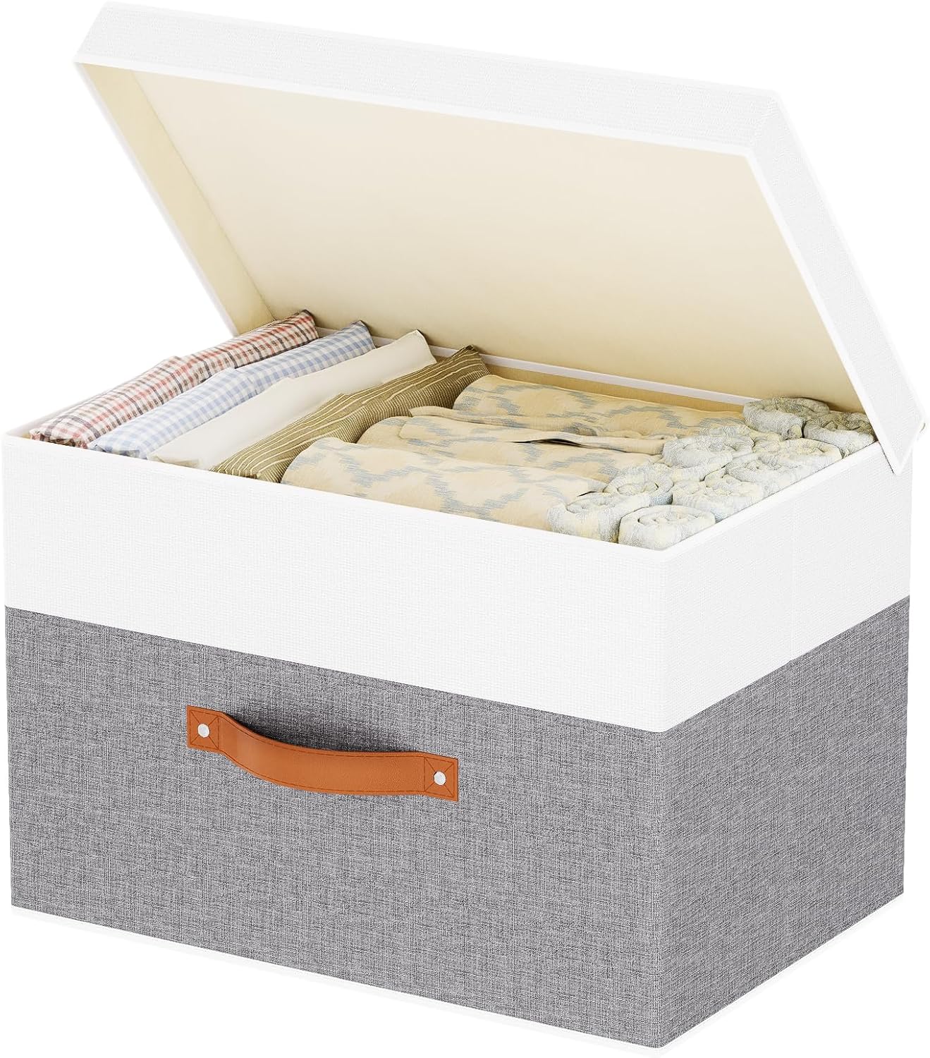 Fabric Storage Boxes with Lids, Linen Foldable Cloth Baskets, 17.7 x 11.8 x 11.8 Inch Closet Organizer Containers with Double Handles, Sweater Bins for Bedroom, White and Grey, 1 Pack