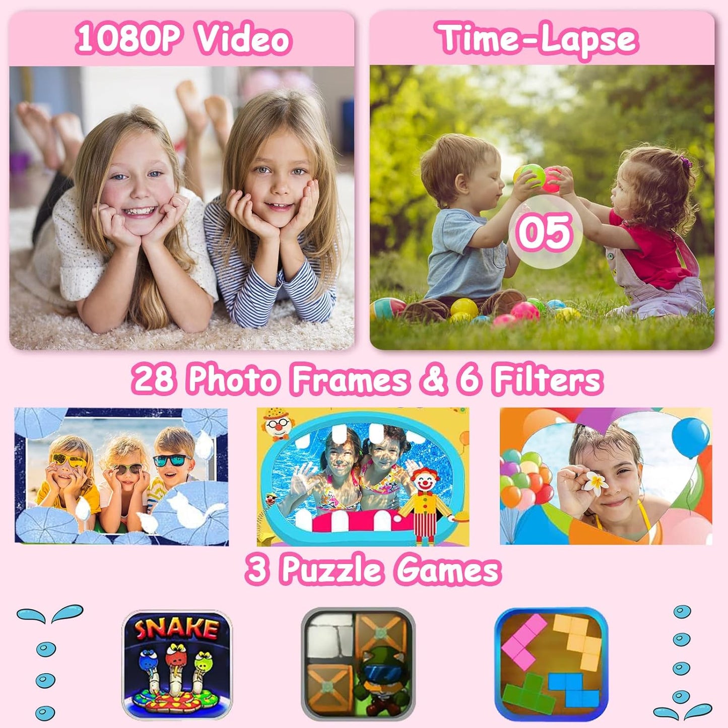 Agoigo Kids Waterproof Camera - Children Underwater HD Video Digital Camcorder, Portable Travel Toy for Toddler - Ideal Christmas Birthday Gifts for Boys Girls Age 3-12 with 32GB Card (Rose Red)