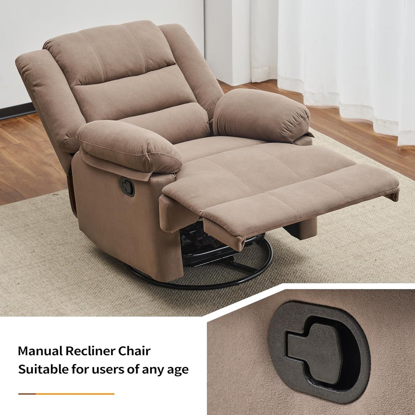 Swivel Rocking Recliner Chair for Adults, Overstuffed Manual Glider Rocker Recliner Chairs, Upholstered Reclining Single Sofa for Living Room Nursery (Mocha)