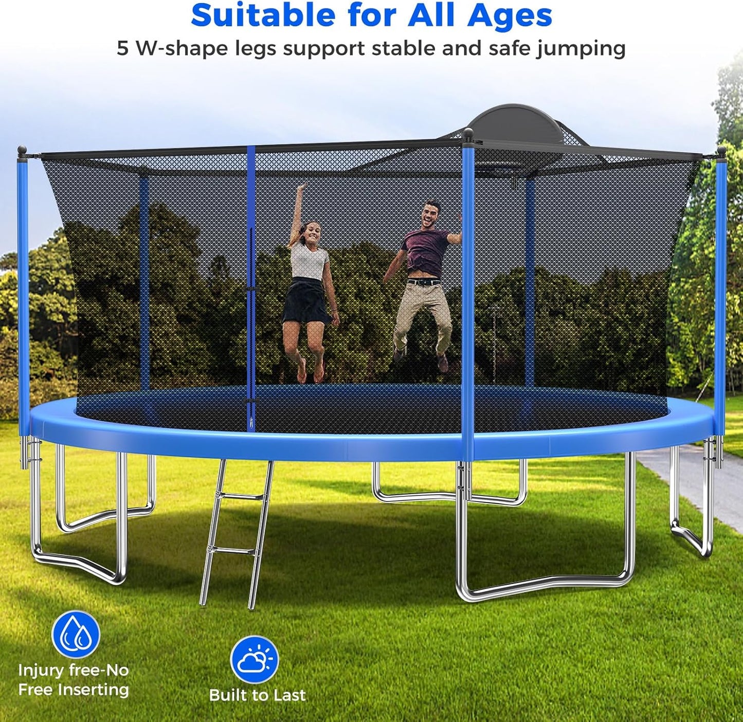 Upgraded 10/12/14/15/16FT Trampoline Outdoor, Large Kids Trampoline with Light, Stakes, Sprinkler, Backyard Trampoline with Basketball Hoop and Net, Capacity for 4-6 Kids and Adults