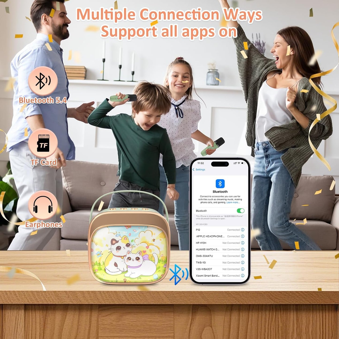 J&D Mini Kids Karaoke Microphone Machine Princess Toys, Colorful LED Portable Bluetooth Speaker with 2 Wireless Mics for Girls Age 3–10 Birthday Party Gifts, Green