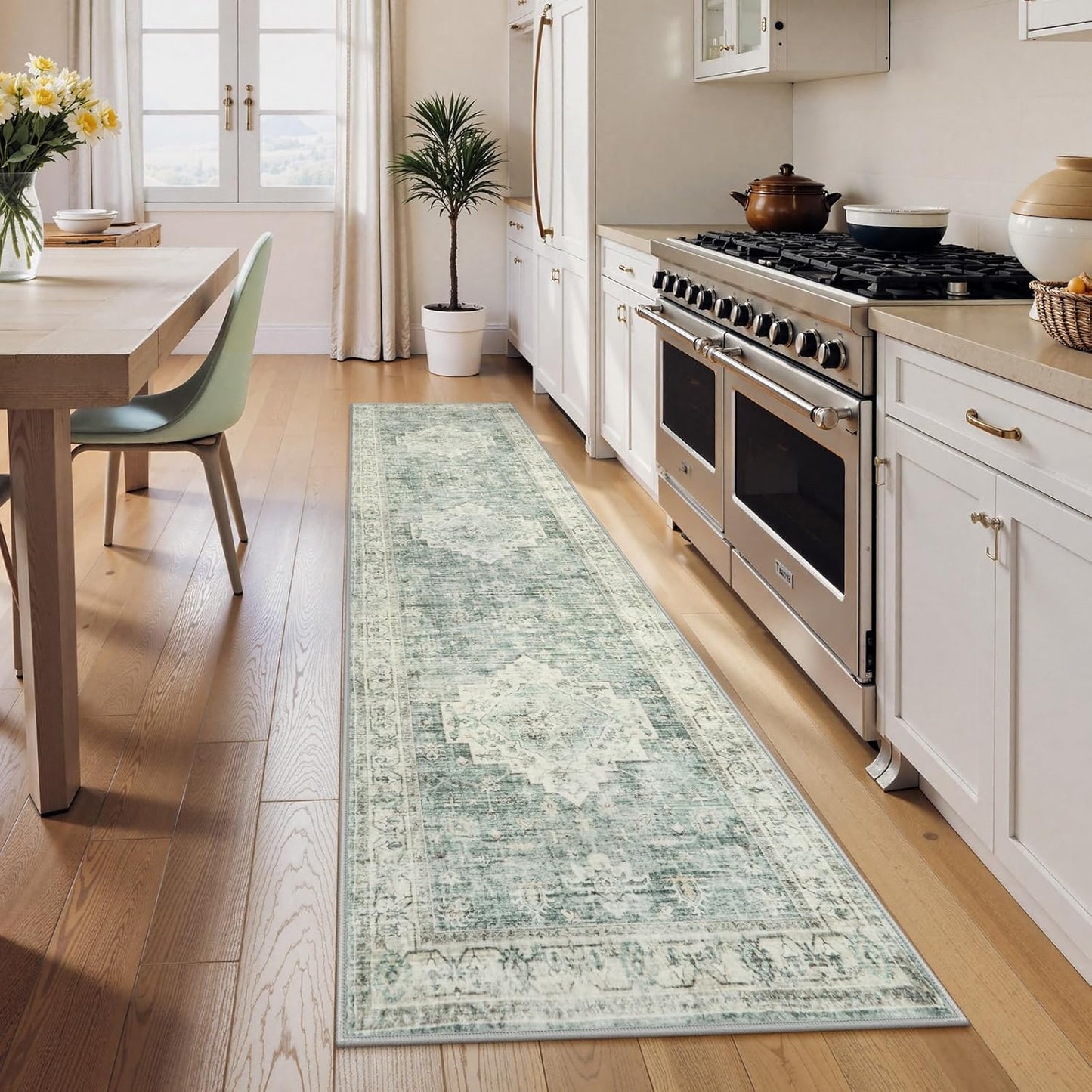 LIVEBOX Washable 2.5x8 Runner Rugs for Entryway Bathroom, Boho Kitchen Floor Mats Long Rug Runners for Hallways Non Slip, Farmhouse Low-Pile Carpet Runners for Laundry Room, Sage Green