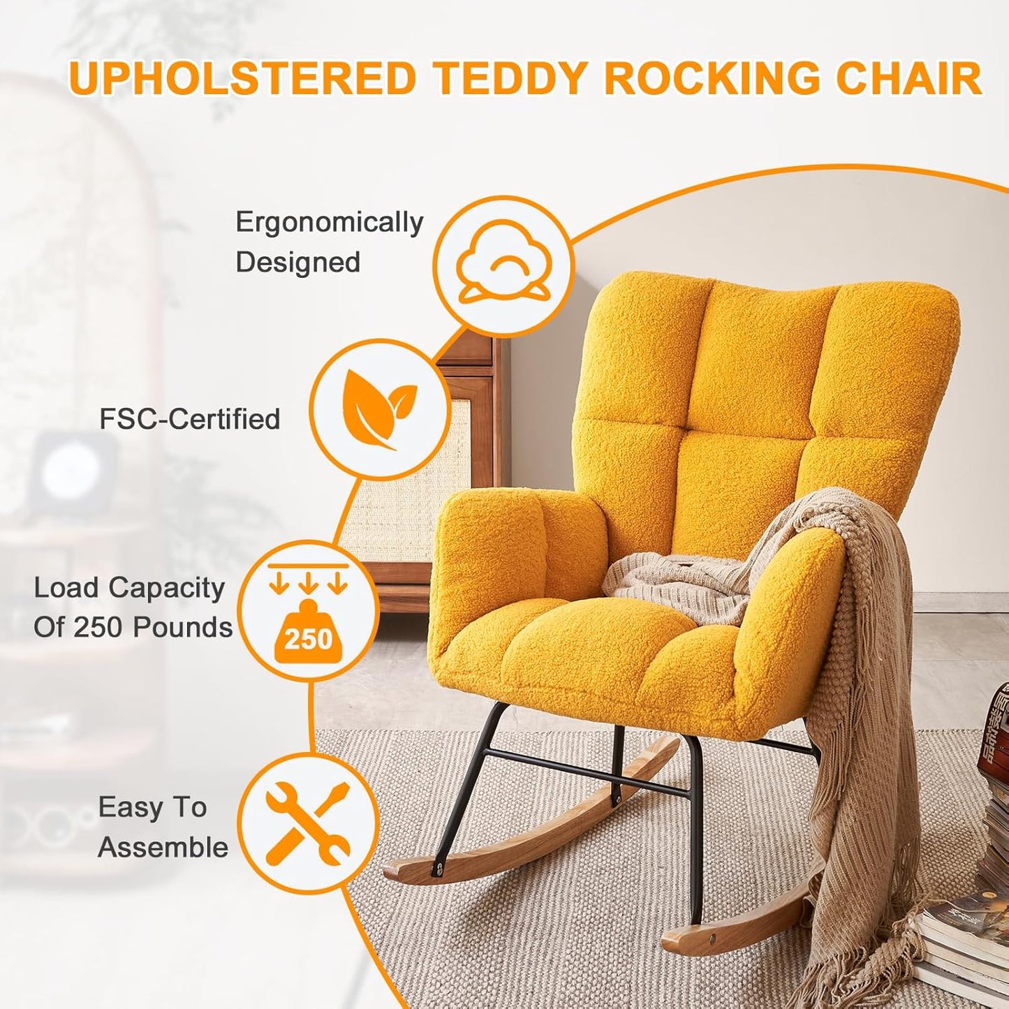 Nursery Rocking Chair, Teddy Fabric Upholstered Glider Rocker with High Backrest, Modern Rocking Accent Chairs Comfy Side Chair for Nursery, Bedroom, Living Room (Yellow)