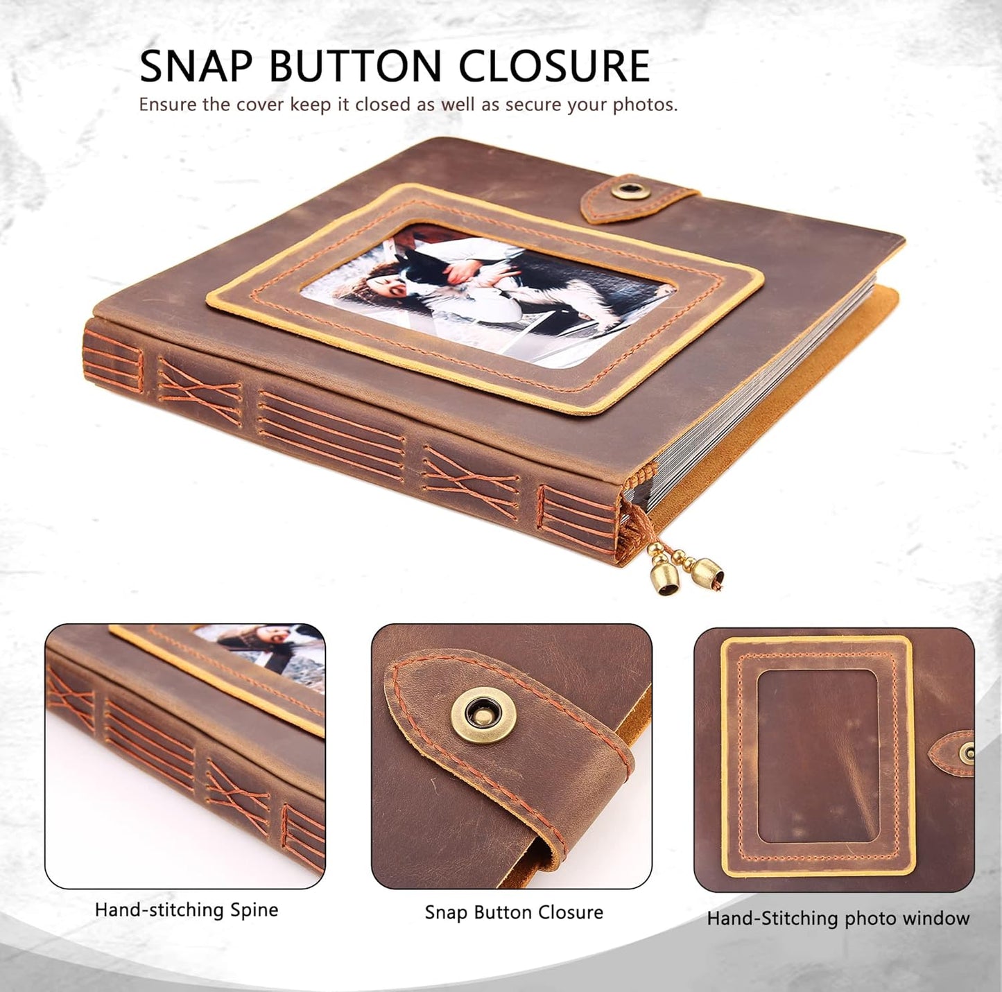 Robrasim Brown Leather Self-Adhesive Photo Album, 9.6x9.6x1.3 in, Holds 3x5, 4x6, 5x7, 6x8 Photos