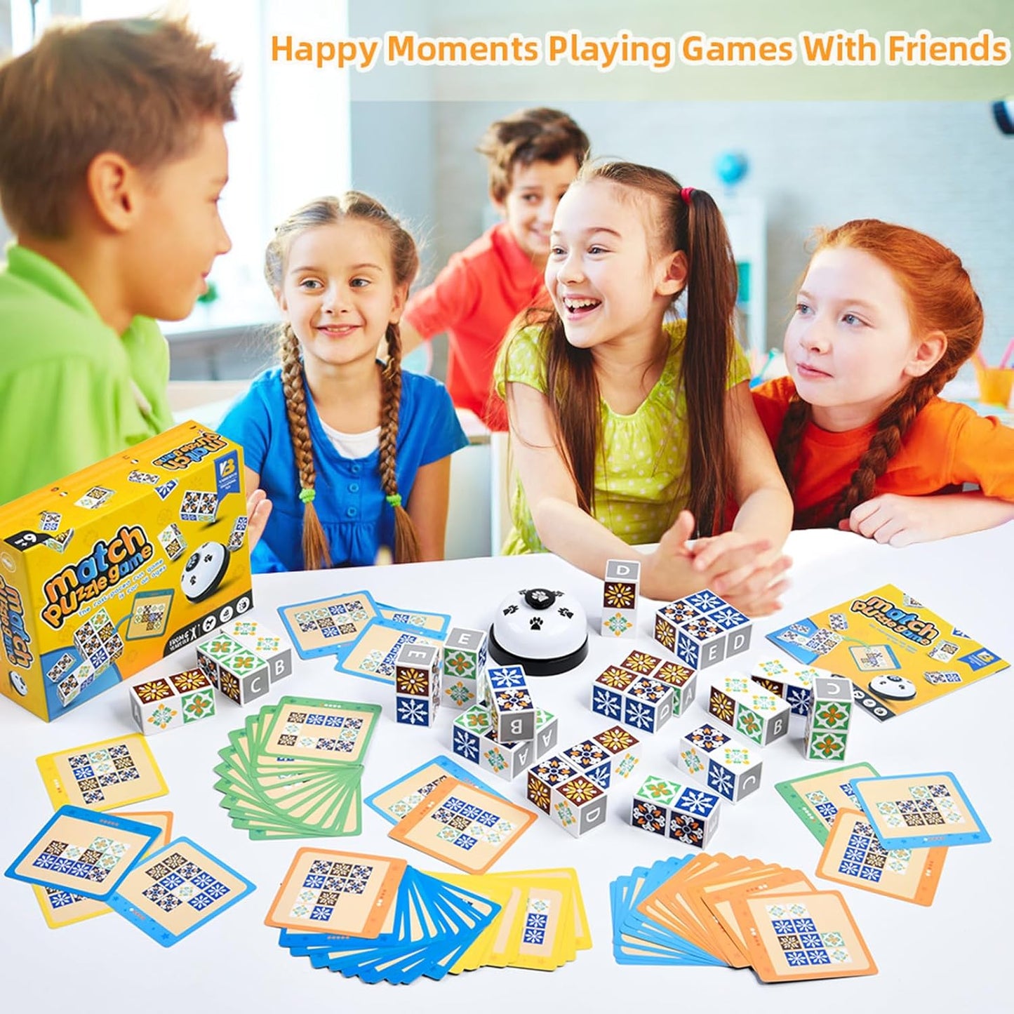 Wooden Matching Game Puzzle Games, Pattern Block Match Puzzles Building Cubes with Bell for Kids and Adults Toys Board Games for Family Night