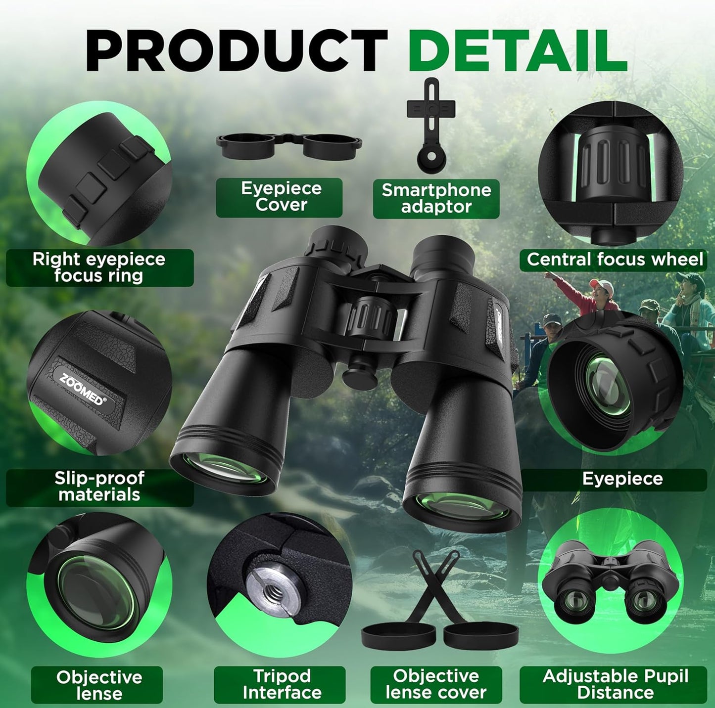 Binoculars with Smart Phone Bracket Adapter, Militar, 20x50, Adults, Bird Watching, High Power Waterproof with Low Light Night Vision for Hunting, Travel, Games, Carrying Case Strap.