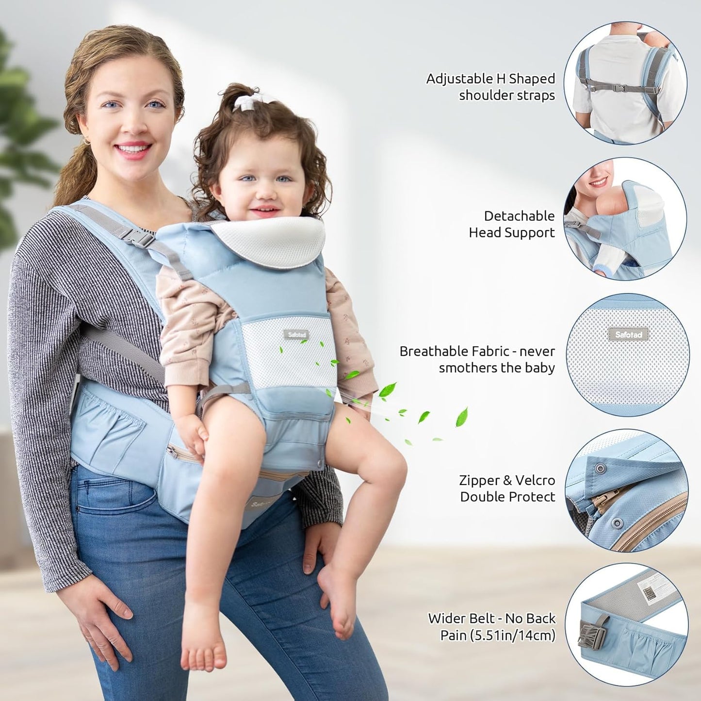 Baby Carrier with Hip Seat,Ergonomic M Position 6in1 Baby Carrier Newborn to Toddler,Head Support and Breathable Mesh Newborn Carrier,Adjustable Baby Holder Carrier for Dad&Mom-Blue