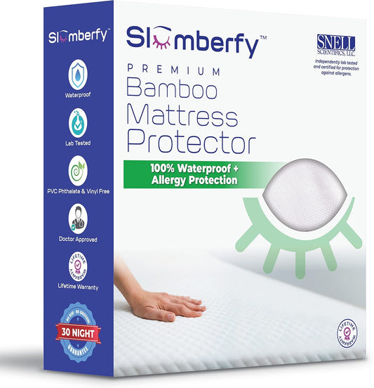 Waterproof Mattress Protector by Slumberfy | Hypoallergenic Bamboo Mattress Protector | Natural + Breathable Jacquard Fabric | Twin XL Mattress Cover – 39x80”