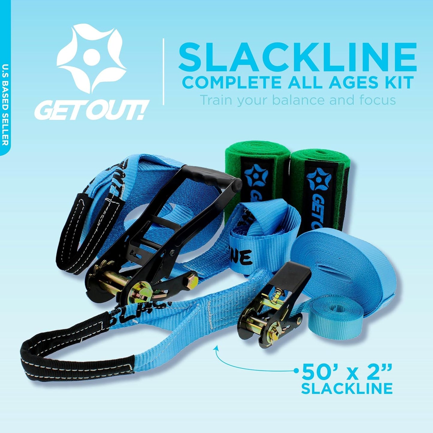 Get Out! Slackline Beginner Kit for Kids and Adults – Classic Slackline with Training Line Complete Kit Bright Blue