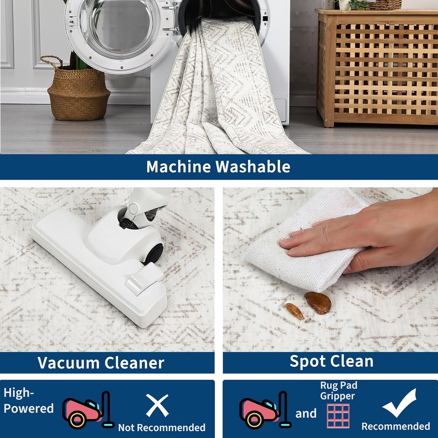 COZYLOOM Runner Rug 2x8 Living Room Washable Rugs Stain Resistant for Bedroom Soft Floor Carpet Non Slip Distressed Geometric Carpet for Dining Room Laundry Room Office, Ivory