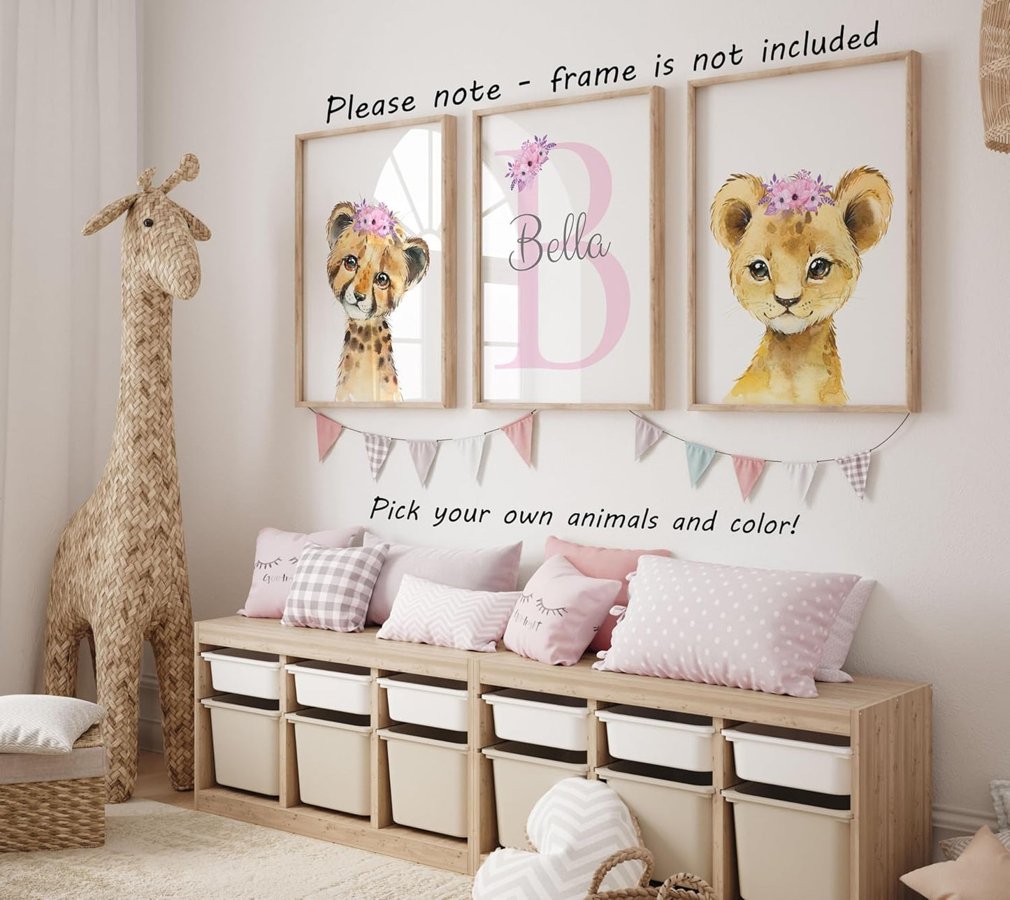 Personalized Safari Animals for Baby Girls Nursery, Set of 3 Unframed Poster Prints, Personalized Name Pink Lilac Floral, Girls Bedroom Decor, Elephant Giraffe (8x10)