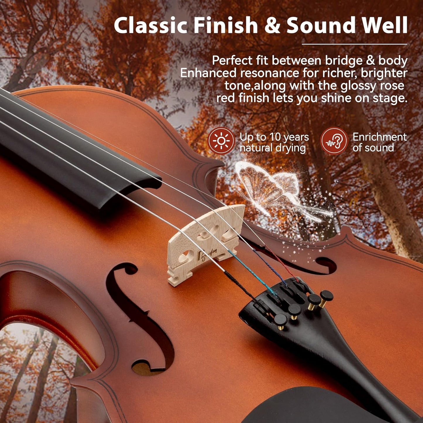 Poseidon Stringed Musical Instruments - Premium Handcraft Violin for Kids Adults 4/4 Violin w/Case, Violin Bow, Horse Bridge, Extra Strings, Shoulder Rest, Rosin, Clip-on Tuners - Natural Matte