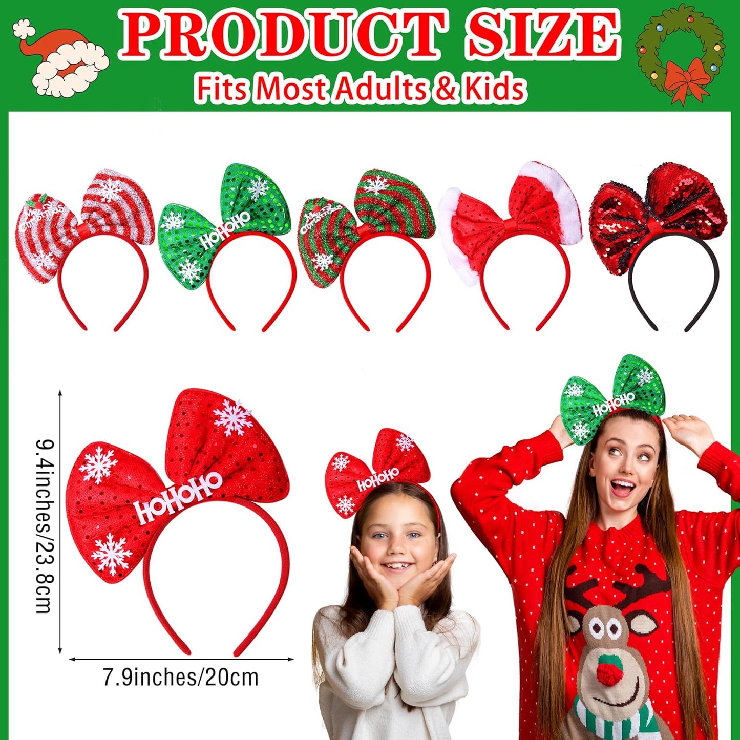 Aneco 6 Pack Christmas Bow Headband Party Hats Hair Hoop Holiday Decoration Headdress for Xmas Party Supplies