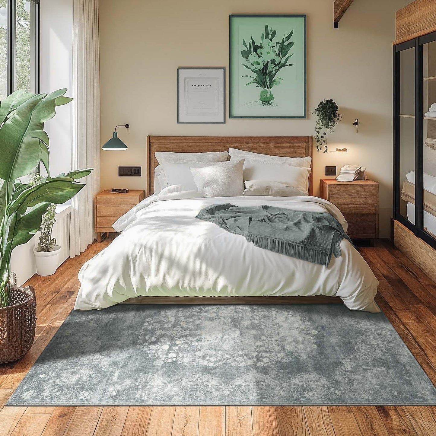 jinchan Washable Area Rug 6x9 for Living Room - Soft Faux Wool Ultra-Thin Stain Resistant Non-Slip Distressed Vintage Floral Rug Large Carpet for Bedroom,Dining Room,Home Office,Nursery(Grey, 6'x9')