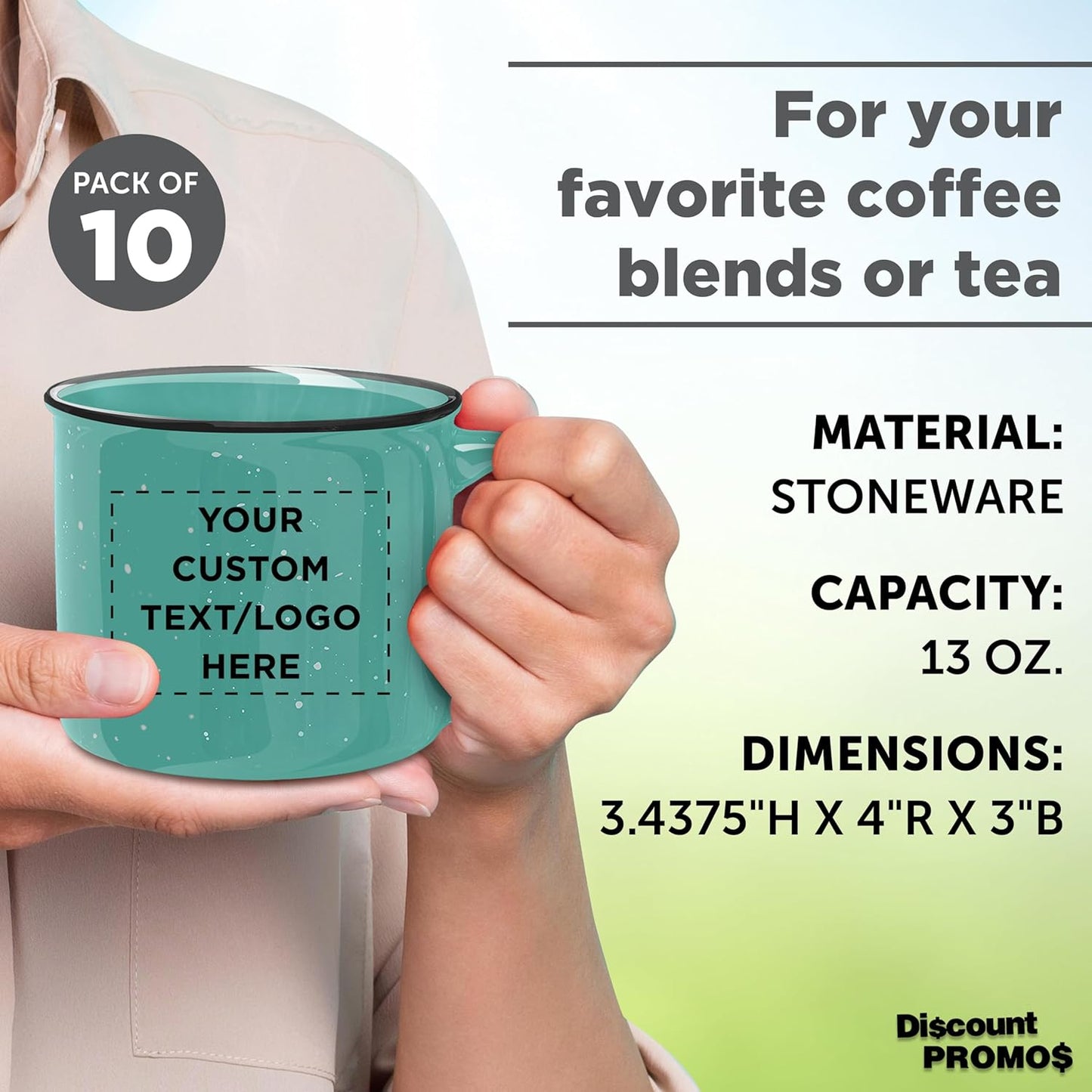 DISCOUNT PROMOS Custom Ceramic Campfire Coffee Mugs 13 oz. Set of 10, Personalized Bulk Pack - Perfect for Tea, Espresso, Cappuccino, Hot Cocoa - Mint