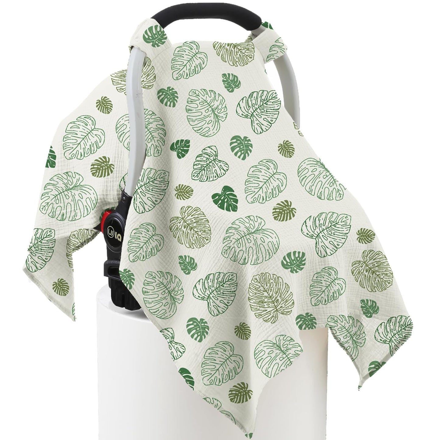 100% Muslin Cotton Car Seat Cover Baby, Carseat Canopy Cover, Universal Fit Stroller Covers for Boys and Girls (Monstera Green)