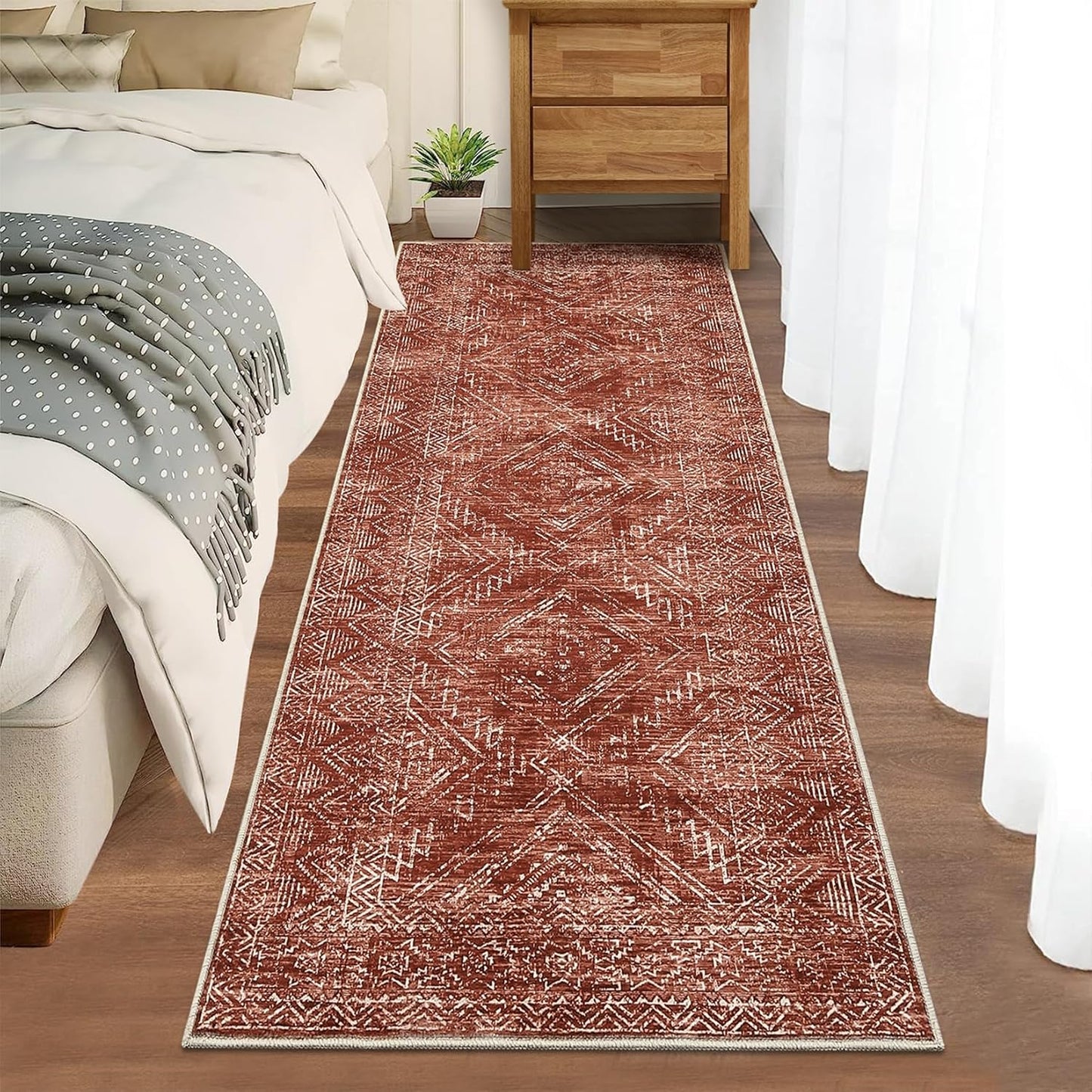 COZYLOOM 2x8 Rug Modern Indoor Area Rug Machine-Washable for Living Room or Bedroom Softness Foldable Carpet for Easy Storage Geometric Design Non Slip Rug Stain Resistant Carpet, Brick Red