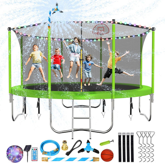 Upgraded 10/12/14/15/16FT Trampoline Outdoor, Large Kids Trampoline with Light, Stakes, Sprinkler, Backyard Trampoline with Basketball Hoop and Net, Capacity for 4-6 Kids and Adults