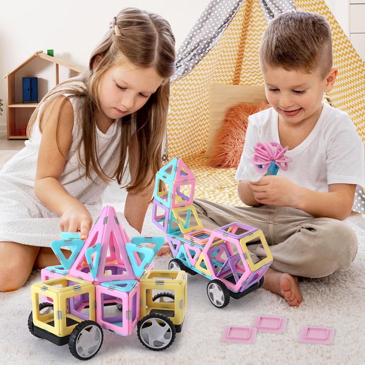 TOKBLOK Magnetic Tiles Toys for 3 4 5 6+ Year Old Girls Boys 100Pcs Macaron Magnet Building Blocks Set for Toddler STEM Educational Toys for Kids Birthday Gifts (Castle & Car Set)