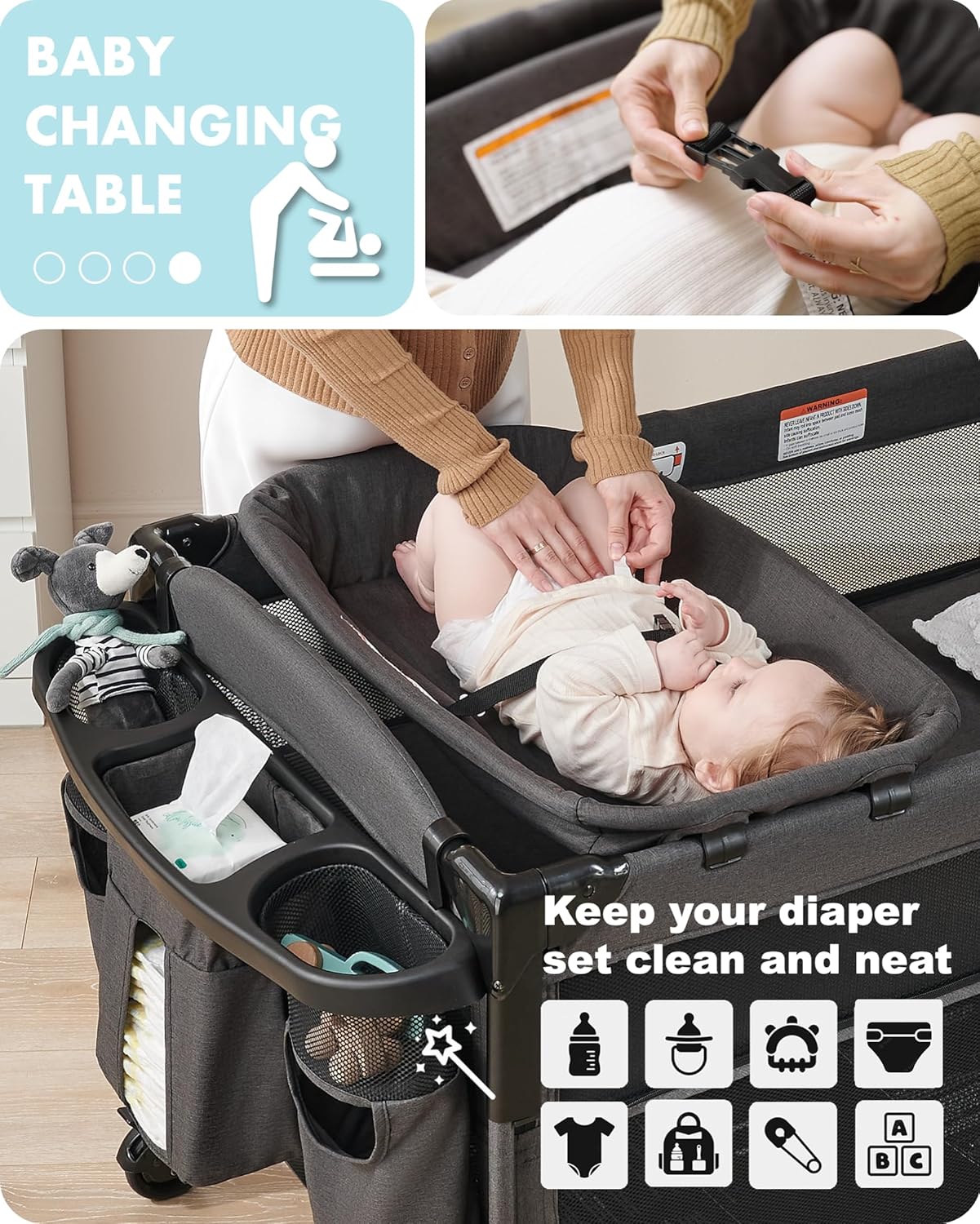 AirClub 4 in 1 Baby Bassinet Bedside Sleeper, 4 Functions Crib, Playard, Portable Changing Table, Bassinet for Newborn Baby, Bedsaide Bed w/Wheels&Brakes