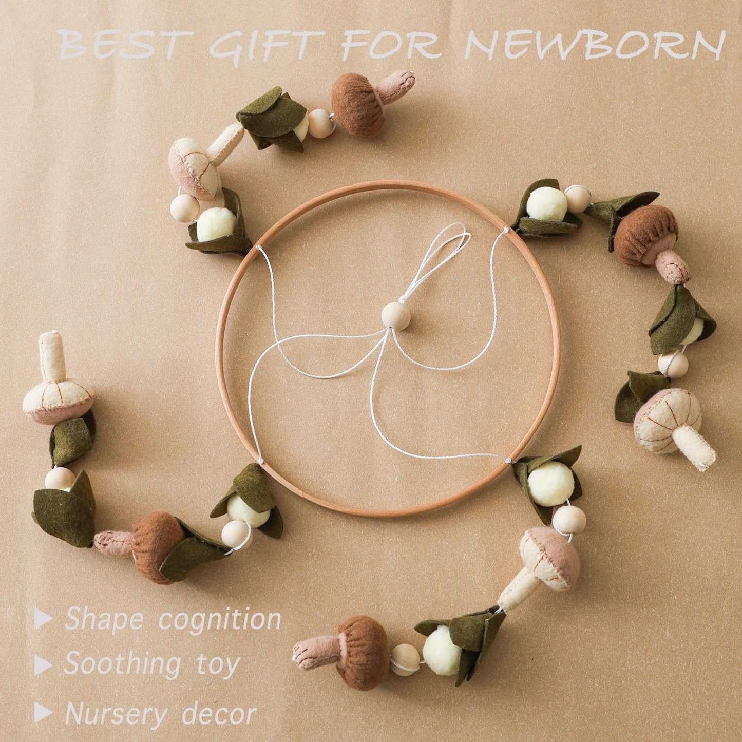 Baby Mobile for Crib,Crib Mobile for Boys Girls, Soft Crib Toys Hanging，Baby Mobile for Bassinet，Boho Nursery Decor Neutral（Mushroom，Leaves,Cotton）